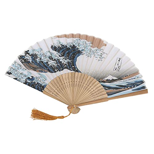 Juroupi Elegante Ventilador Plegable de bambú Estilo Japonés con Ondas Pintadas, Decoración para el Hogar y la Oficina (Erqing 25 huesos)