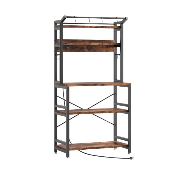 IRONCK Bakers Rack with Power Outlet, Microwave Stand with Storage, Coffee bar with 9 Hooks, 5 Tier Large Storage Capacity and Strong Metal Material for Kitchen, Vintage Brown Easy to Assemble