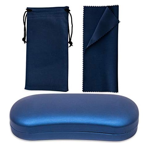 Large Hard Shell Eyeglass Case Holder with Microfiber Cleaning Cloth - Premium Eye Glass Carry Case (Navy Blue) Cover