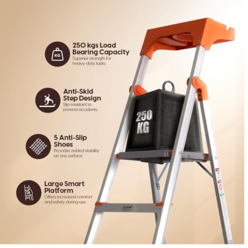 Image of PROHOME Aluminium Ladder for Home 6 Steps Foldable with Tool Tray & Anti-Skid Wide Steps | 6 Step Ladder for Home Use, Kitchen & Household | 250 Kg Capacity Folding Ladder | 5 Year Warranty (Orange)