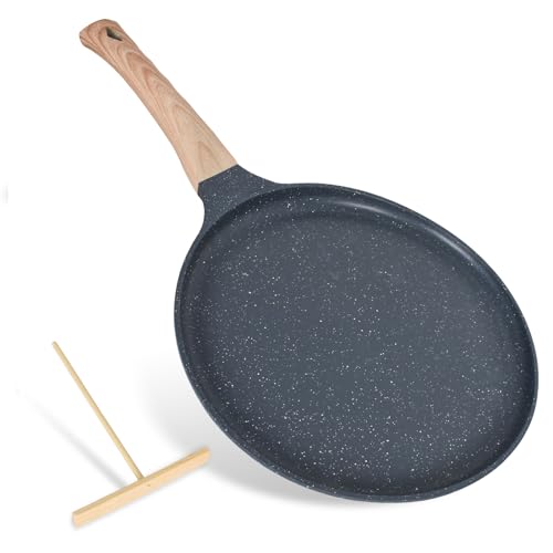 Non-Stick Crepe Pan, 24cm Pancake Pan, with Medical Stone Non Stick Coating, Dosa Die-cast Auluminium Cake Flat Skillet Tawa Griddle, Nonstick Egg Frying, for All Hobs & Induction (Grey)
