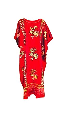 Kaftan de algodón con estampado Java artesanal y caída fluida color rojo