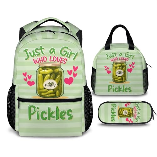 Kids Backpack with Lunch Box and Pencil Case Set, Pickle 3 in 1 Matching Girls Age 6-8 Backpacks Combo, Cute School Bookbag and Pencil Case Bundle