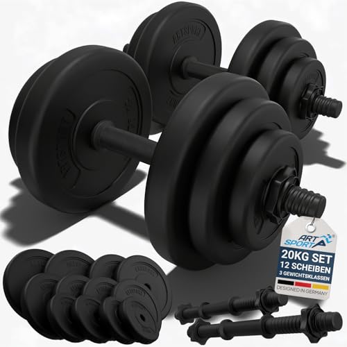 ArtSport® 2er Hantelset 20kg - Kurzhantel Set mit 2 Kurzhanteln, 12 Gewichte/Hantelscheiben und...
