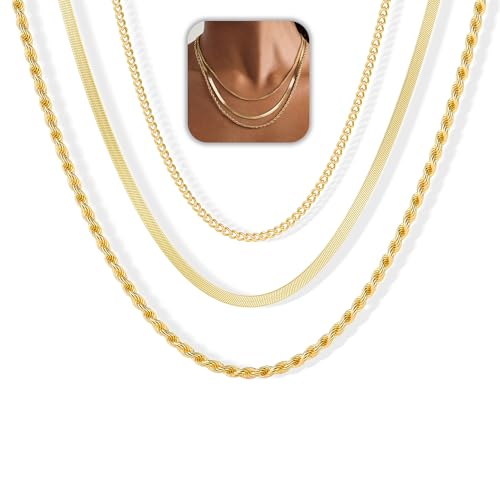 Freekiss Gold Herringbone Necklace for Women: Layered Chain Necklaces Dainty 14k Gold Plated Snake Cuban Rope Choker Necklace Stack Simple Chunky Womens Jewelry Gift