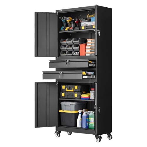 VEVOR Armario Metálico para Garaje 76 x 38 x 190,5 cm con Ruedas, 4 Puertas, 2 Cajones, Cerradura, Estantes Ajustables, Capacidad de Carga 81,5 kg por Estante para Taller Oficina Almacenamiento Hogar