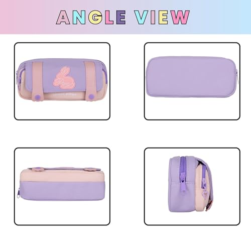 Image of Kawaii Cute Aesthetic Pencil Case for Students | Large Capacity Multi-Pocket Pencil Pouch with Zipper | Cartoon Stationery Organizer Bag for School, College & Office Supplies (Purple)