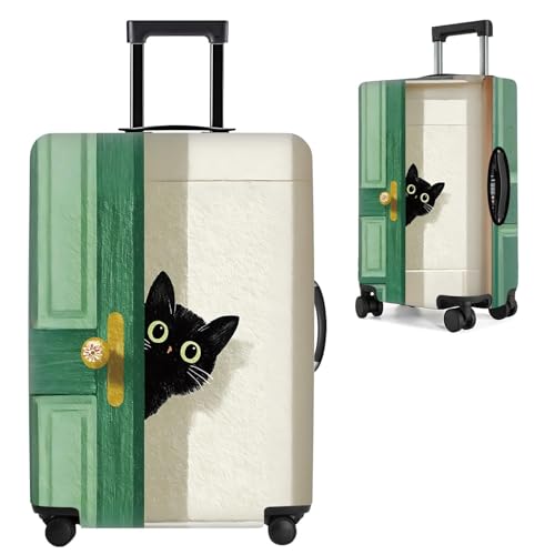 Image of Black Cat Peeking Door Luggage Cover - Stretchable Travel Suitcase Protector for 32-34 Inch Luggage - Whimsical Green Door and Beige Wall Design,XL