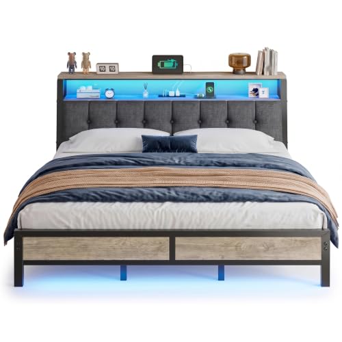 Image of Homkdom King Bed Frame with Upholstered Headboard & Charging Station