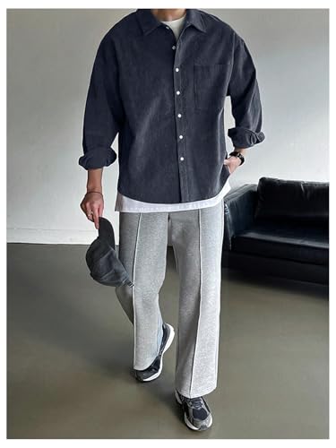 OYOANGLE Men's Button Down Corduroy Shirts Long Sleeve Chest Pocket Drop Shoulder Shacket3