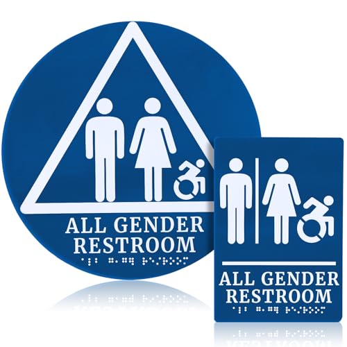 Briwooody Set of 2 All Gender Restroom Door and Wall Sign with Braille by ADA Compliant Unisex Bathroom Sign, Blue and White