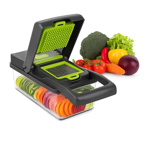 Cortador de Legumes e Frutas 13 em 1 com Lâminas Inox – Fatiador Multifuncional com Recipiente, Ralador, Raspador, Descascador e Mais | Utensílio Prático para Cozinha