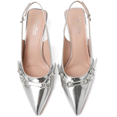 Image of Mostrin Kitten Heels for Women Pointed Toe Pumps Patent Leather Low Heel Slingback Heels with Buckle Dress Shoes for Dating Party Working