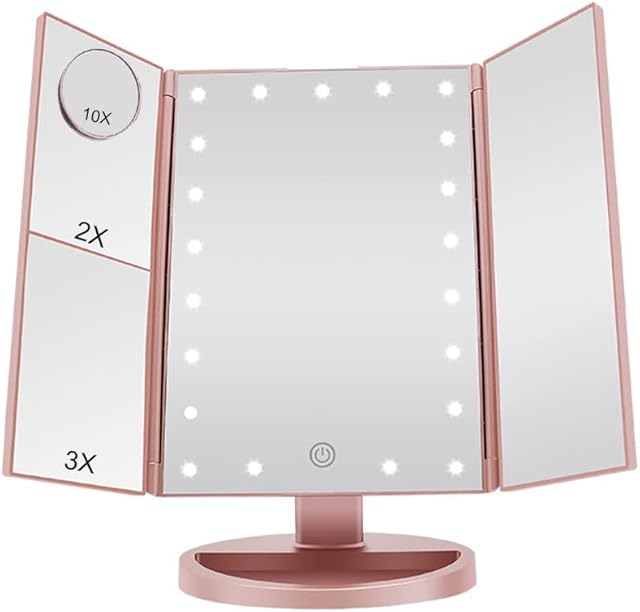 JARAGAR Makeup Mirror with Light, Trifold Vanity Mirror 1x/2x/3x/10x Magnifying Mirror with LED Lights Touch Screen 180 Degree Adjustable Rotation Dual Power Supply Mode