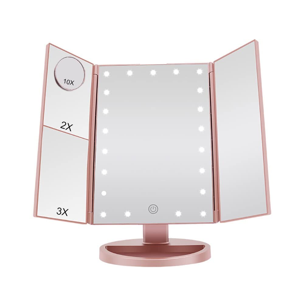 JARAGAR Makeup Mirror with Light, Trifold Vanity Mirror 1x/2x/3x/10x Magnifying Mirror with LED Lights Touch Screen 180 Degree Adjustable Rotation Dual Power Supply Mode