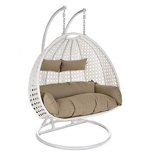 Image of Double Seater Hammock Swing Chair with Stand & Cushion | Heavy Duty Powder Coated Steel Frame | Outdoor Indoor Hanging Swing for Patio Balcony Garden Terrace Living Room (White-Light.Brown)