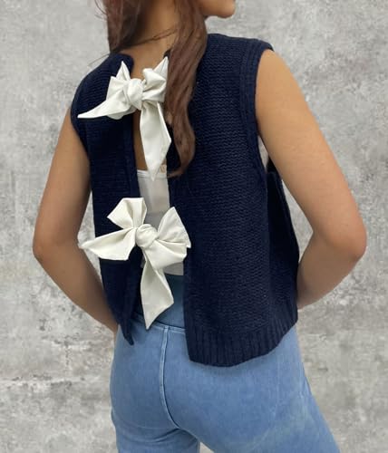 Image of chouyatou Women's Y2K Backless Crop Sweater Vest Back Tie Knot Crewneck Sleeveless Knit Vest Tank Tops
