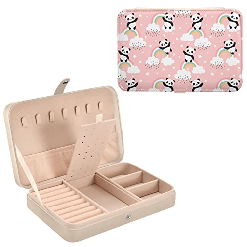 ZZKKO Reise-Schmuckkoffer Panda, Regenbogenrosa, kleine Schmuckschatullen für Frauen, tragbarer Schmuck, Reise-Organizer, Aufbewahrungsbox für Ohrringe, Ring, Halskette, Weiß Cover
