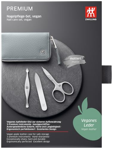 ZWILLING Zestaw do manicure i pedicure 3-częściowy, nożyczki kombinowane do paznokci, etui z wegańskiej skóry jabłkowej, szary