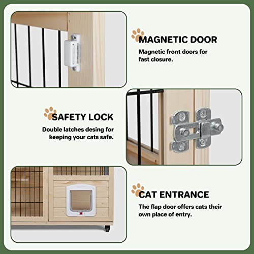 Pantazo Wooden Cat House Large Space Cat Cage With Scratching Post And Lockable Wheels Double Layer Cat House With Escape Door Outdoor/Indoor (Medium) #TOP5