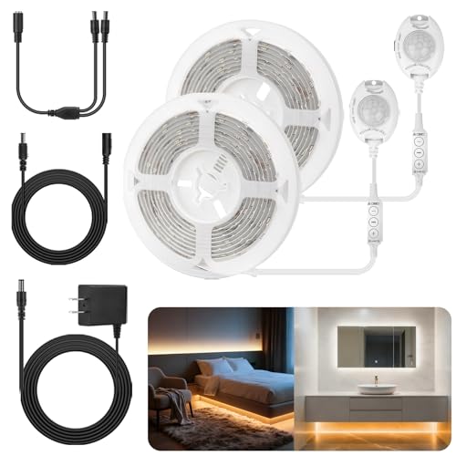 Motion Sensor Under Bed Lights, 2x6.56ft 3000K-6500K White Motion Activtaed LED Strip Lights with Auto-Off Timer, IP65 Waterproof Motion Sensor LED Light Strip for Bedroom Cabinet Stair Closet Mirror