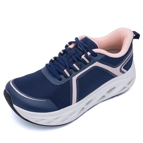 HuJAT Womens Wide Toe Box Walking Shoes Slip On Arch Support Plantar Fasciitis Shoes Orthotic Tennis Sneakers for Foot Pain Relief NavyPink US Size 9