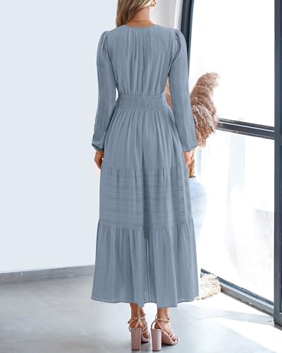 BTFBM Fall Dresses for Women 2025 Casual Long Sleeve V Neck Elastic Waist Lightweight Maxi Wedding Guest Dress Pockets