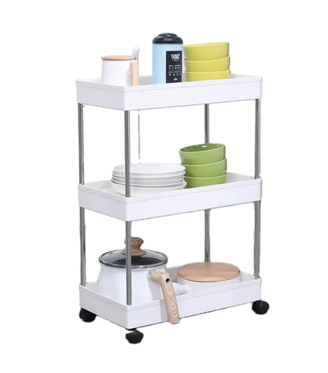 3 Tier Metal Rolling Utility Cart Organizer, Multipurpose Organizer Trolley with 4 hooks, Bedroom, Bathroom, Office, Laundry Room and Garage White