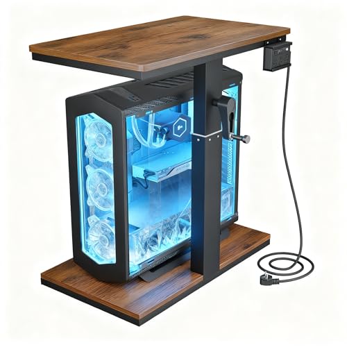 iPalamila PC Schrank mit Höhenverstellbarer Computerturmständer mit Rollen und Ladestation,2-stufiger PC ständer für Boden oder Teppich,PC Stand pc Halterung Schreibtisch (Braun)