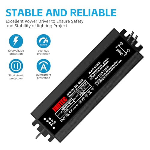 Image of LED Driver 400W, Waterproof IP67 Power Supply AC110-130V to 24V DC 16.66A Low Voltage Transformer Ultra Thin Adapter,with UL 3-Prong Plug for Outdoor LED Lights, Computer Project,Water Pump etc