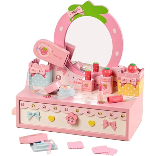 Kwueiitドレッサー 子供 おもちゃ ままごと メイク セットシミュレーションドレッサードレッサープリンセスドレッサーテーブル木製ままごと女の子のための知育玩具 (ストロベリ-)