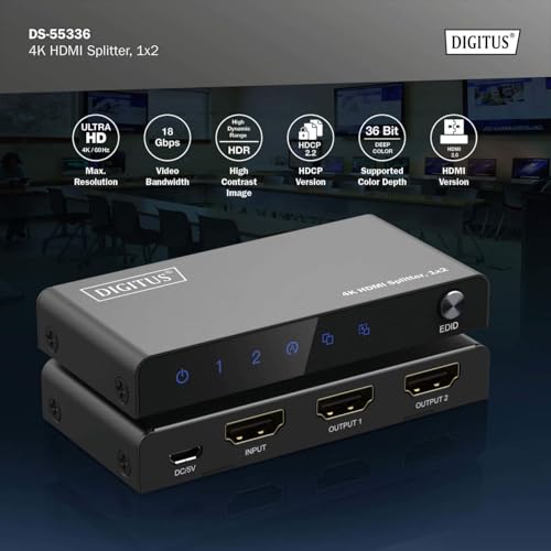 Splitter HDMI 1 entrada 2 salidas DIGITUS 4K con soporte HDR y audio DTS Dolby 4