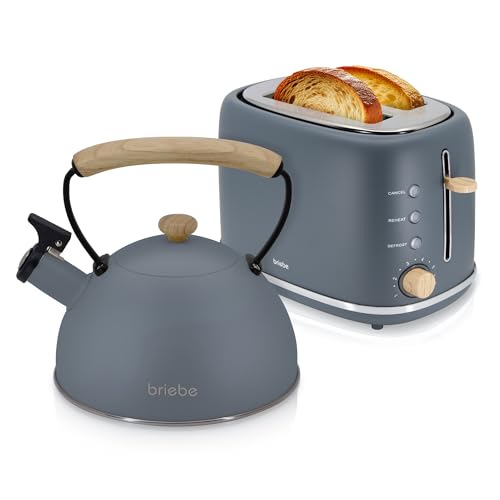 briebe Nordic Set Tostadora Pan Ranura Ancha 2 Rebanadas, 6 Niveles Tostado + Tetera Silbante 2,3 L Infusiones, Acero Inoxidable, Inducción, Libre BPA, Pack Desayuno Diseño Nórdico Gris