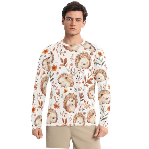 Bolaz Mens UV Protection Shirts Rash Guard Long Sleeve UPF 50+ Hedgehog Leaves Flower Quick Dry S