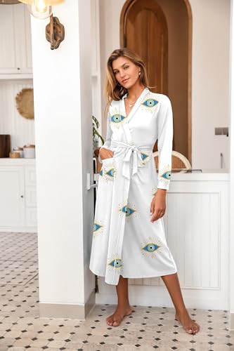 Image of Ekouaer Women Kimono Robes Full Length Knit Bathrobe Lightweight Soft Sleepwear V-neck Casual Ladies Loungewear S-XXL