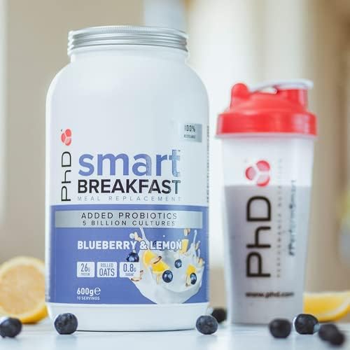 PhD Smart breakfast Shake with high protein and Essential Vitamins and Minerals,as well as Probiotics and Digestive enzymes, Blue Berry Lemon flavour, 600g