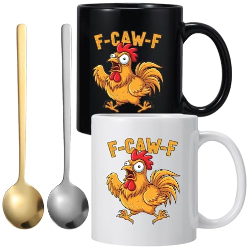 Hocklliy 4 Pcs F Caw F Mug with Stainless Steel Spoons Chicken Mug with Ergonomic Handle for Mom Sister Friends Coworkers Home Offices Desk Decor