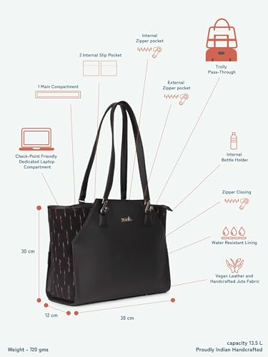 Image of ZOUK Printed Jute Handcrafted Vegan Leather Black Women's Check-point Friendly Classic Business Bag