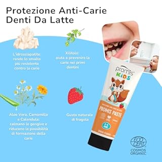 Promis Paste Kids - Dentifricio Bambini Senza Fluoro 0–6 Anni, Anti-Carie con Idrossiapatite, Naturale e Bio, Sicuro Se Ingerito, Gusto Fragola, per Denti Da Latte