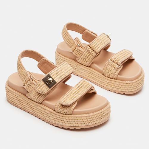 DOEYG Raffia Platform Sandals for Women Comfortable Casual Adjustable Buckle Strap Summer Open Toe Woven Slingback Beach Sandals2