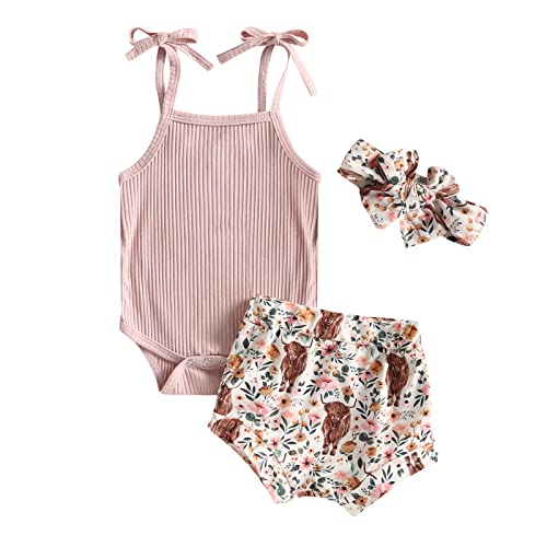 Image of Kuriozud Newborn Infant Baby Girl 2 Piece Summer Outfits Tank Romper Top + Ruffle Bloomer Shorts Set Clothes