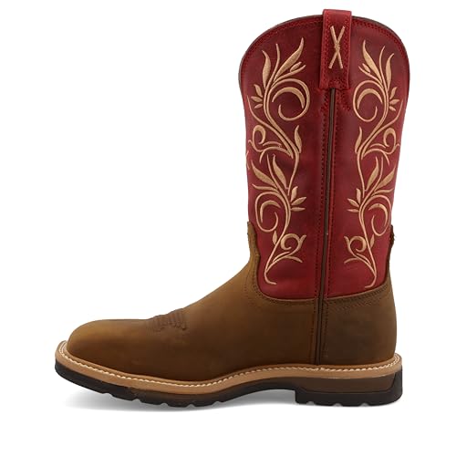 Twisted X Women's 11" Western Work Boot, Square Toe Steel Toe, Distressed Latigo & Red, 8 B2