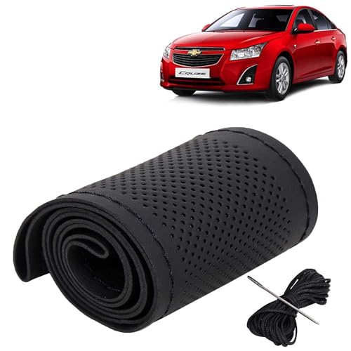 Image of KINGSWAY PU Leatherite Car Steering Cover Sewable Compatible with Chevrolet Cruze (Year 2008-2017), Black Color with Black Thread, Pack of 1 with Sewing Needle and Thread