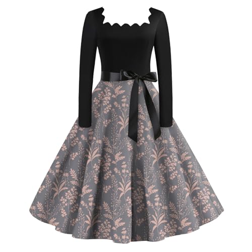 Rockabilly Kleid Damen Lang Vintage 60er Jahre Kleid Langarm Blumen Schwingen Cocktailkleid Elegant Quadratischer Kragen Ballkleid A Linie Petticoat...