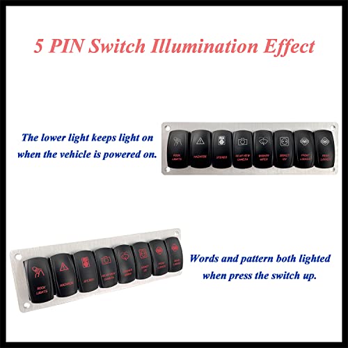 Image of 8 Gang Customize Rocker Switch Panel with Silver Aluminum Mounting Bracket 5 PIN 7 PIN Pre-Wired Red Led Toggle Switch Panel for Automotive Vehicle Bus Yacht RZR Dashboard 12V 24V