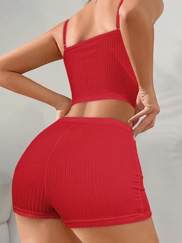 Image of Hilinker Womens Graphic 2 Piece Pajama Set Summer Cute Crop Cami and Shorts Ribbed Lounge Sets