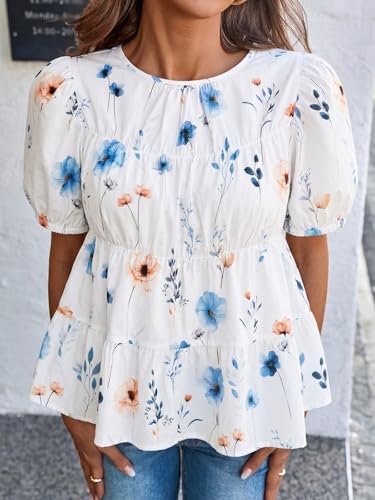 Image of Tankaneo Womens Puff Sleeve Peplum Babydoll Tops Summer Flowy Pleated Cotton T-Shirts Casual Loose Fit Cute Blouse