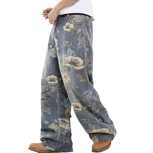 Y2K Baggy Jeans Mens Flower Print Graphic Jeans Wide Leg Grunge Jnco Pants Vintage Floral Harajuku Denim Pants