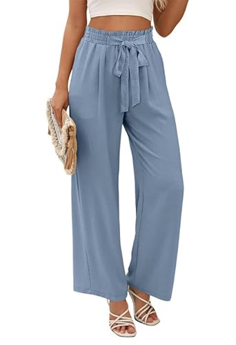 KISSMODA Womens Linen Pants Casual High Waisted Wide Leg Pants Button Straight Leg Trousers with Pockets Blue L