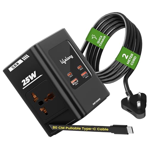 Image of Lifelong Electronics India's First Extension Board with Retractable Type C Cable | 2 AC Power Sockets (2500 W) and 2 USB C + 2 USB A Ports (GaN 25W Fast Charging) | Multiplug Overload Protection